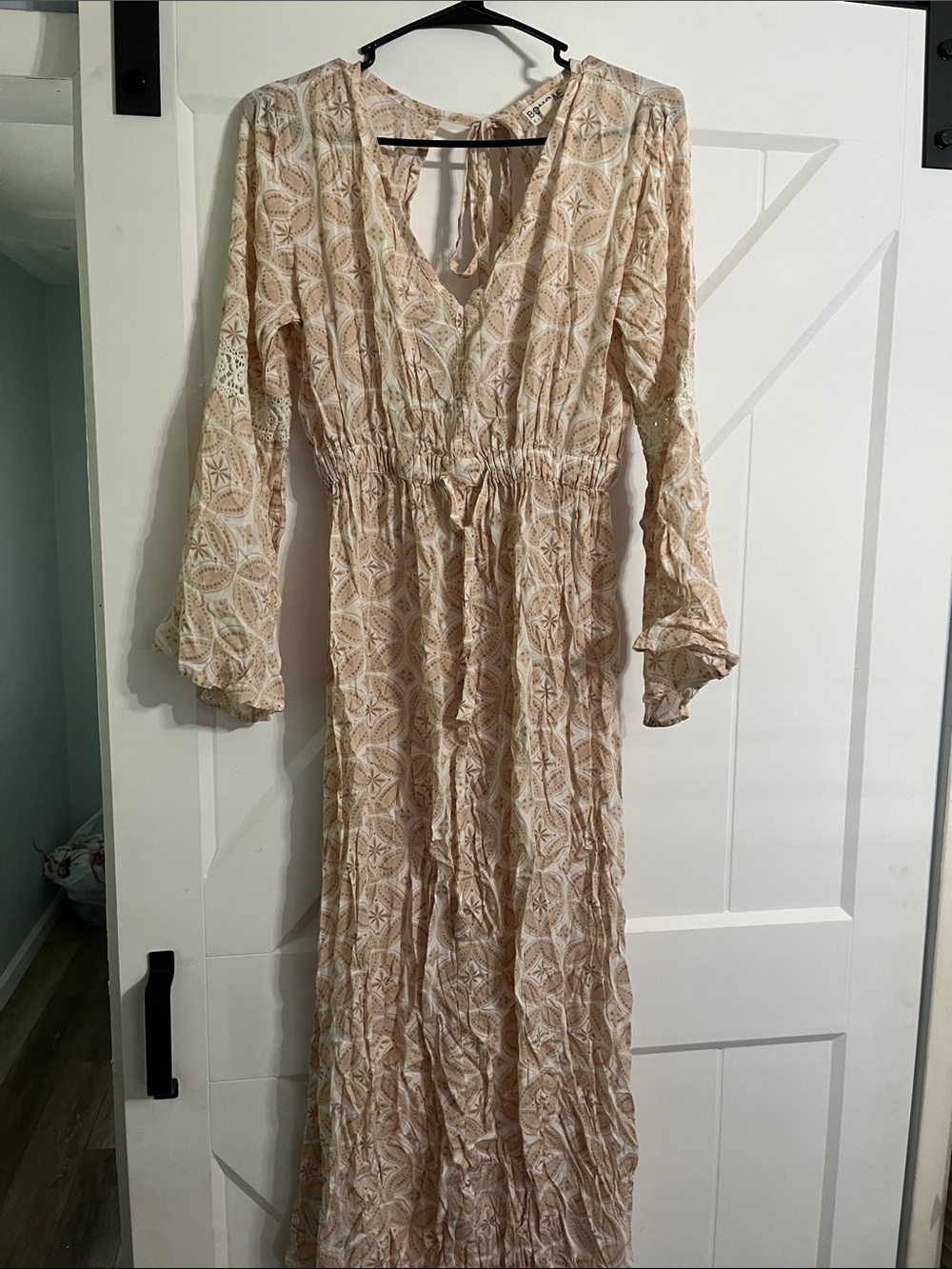 Light Cream Patterned Maxi Dress with Elastic Waist